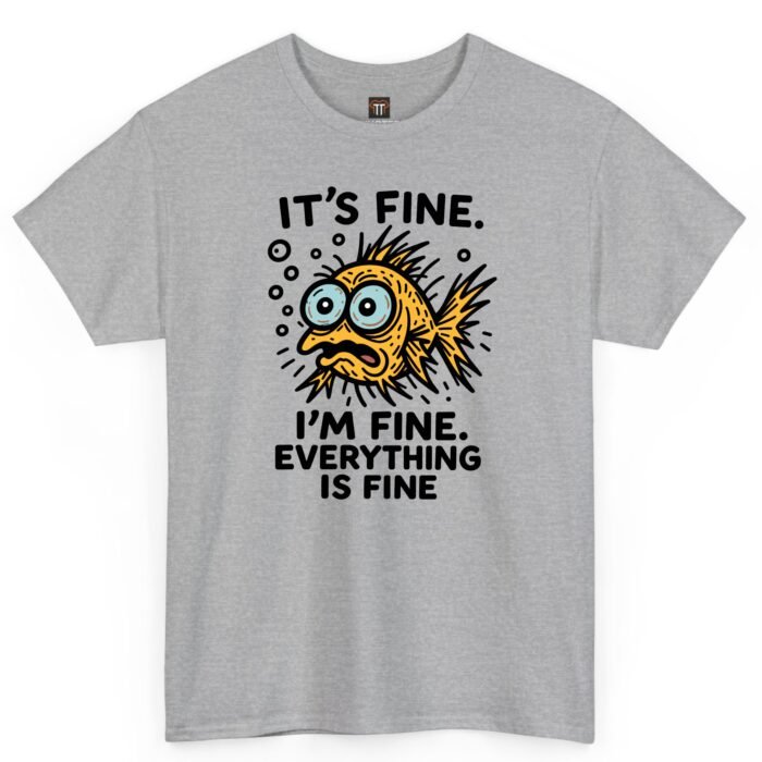 Funny stressed fish shirt displayed on a sport gray T-shirt