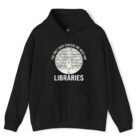 Black library hoodie with bookshelves and young reader illustration