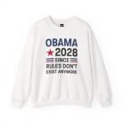 White crewneck sweatshirt featuring the Obama 2028 political satire graphic
