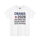 Front view of white Obama 2028 political humor T-shirt