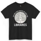 Black library shirt featuring a student standing before bookshelves