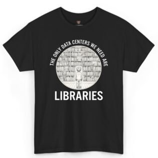 Black library shirt featuring a student standing before bookshelves